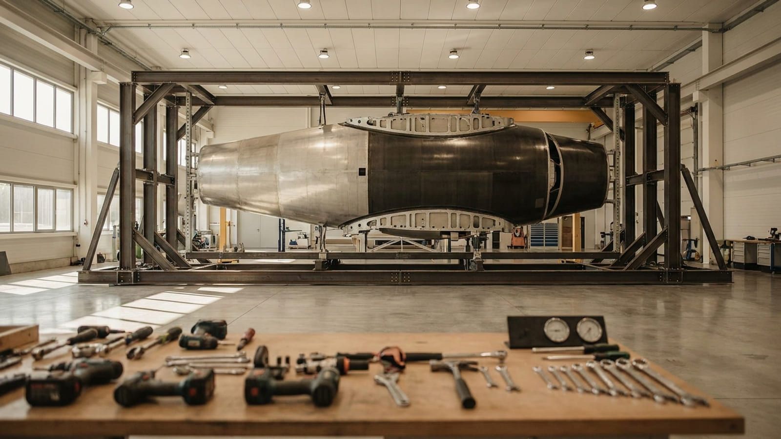 Fertigungshalle für Luftfahrtbauteile mit Flugzeugstruktur in der Vorrichtung