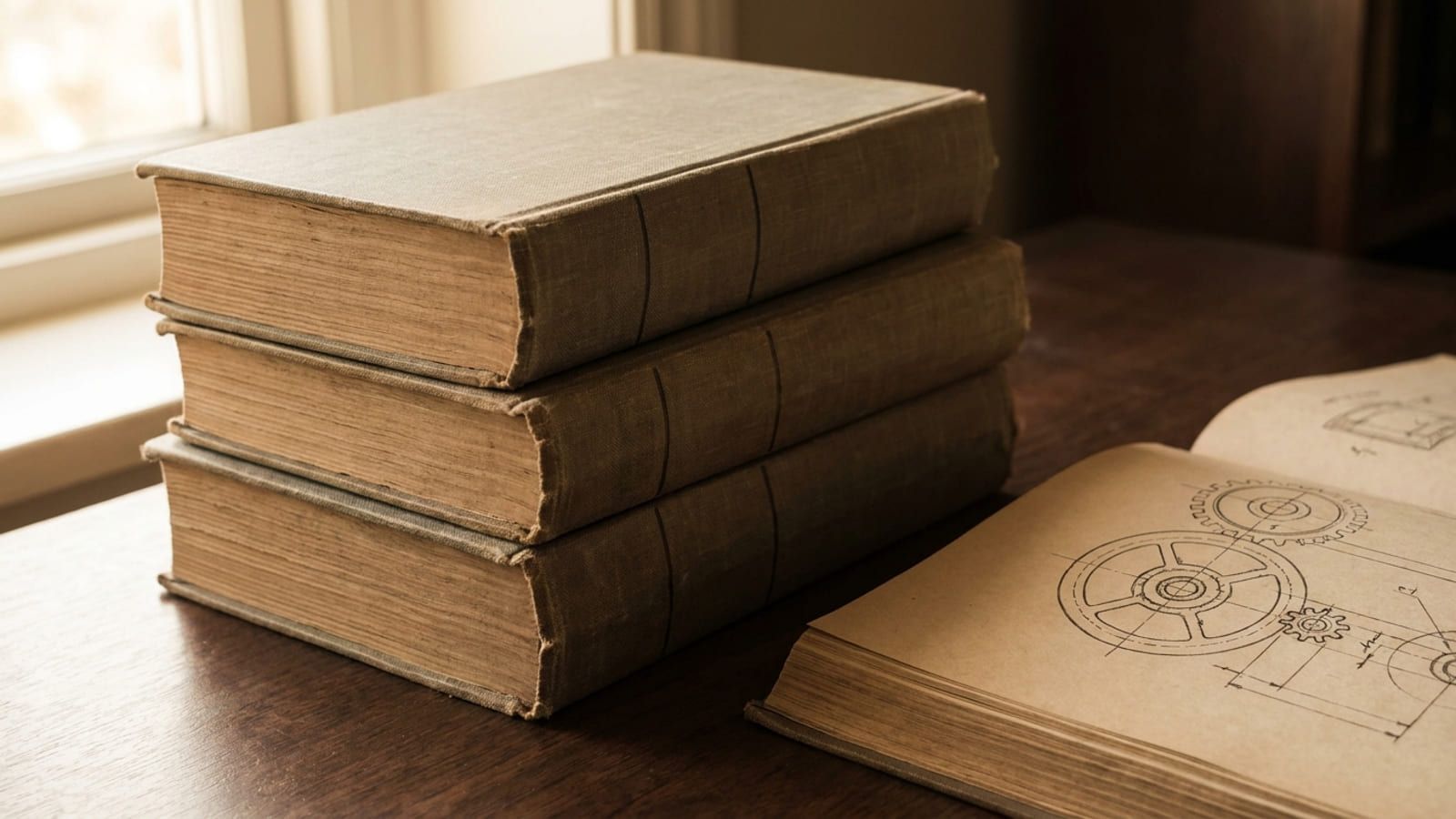 Gestapelte Bücher mit sichtbaren Buchschnitten neben einem Fensterlicht