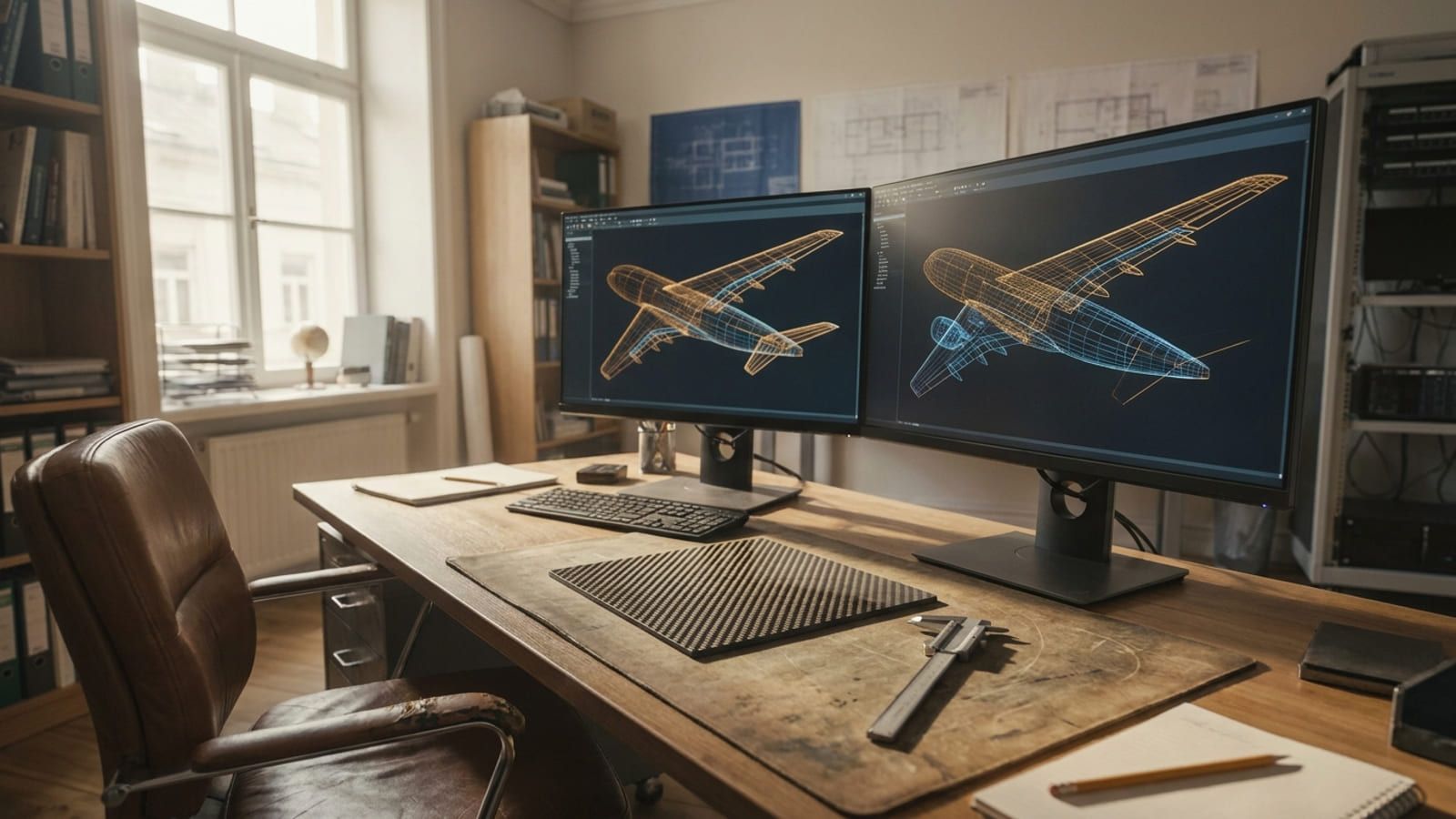 Ingenieurbüro mit CAD-Modell eines Flugzeugbauteils auf großen Bildschirmen