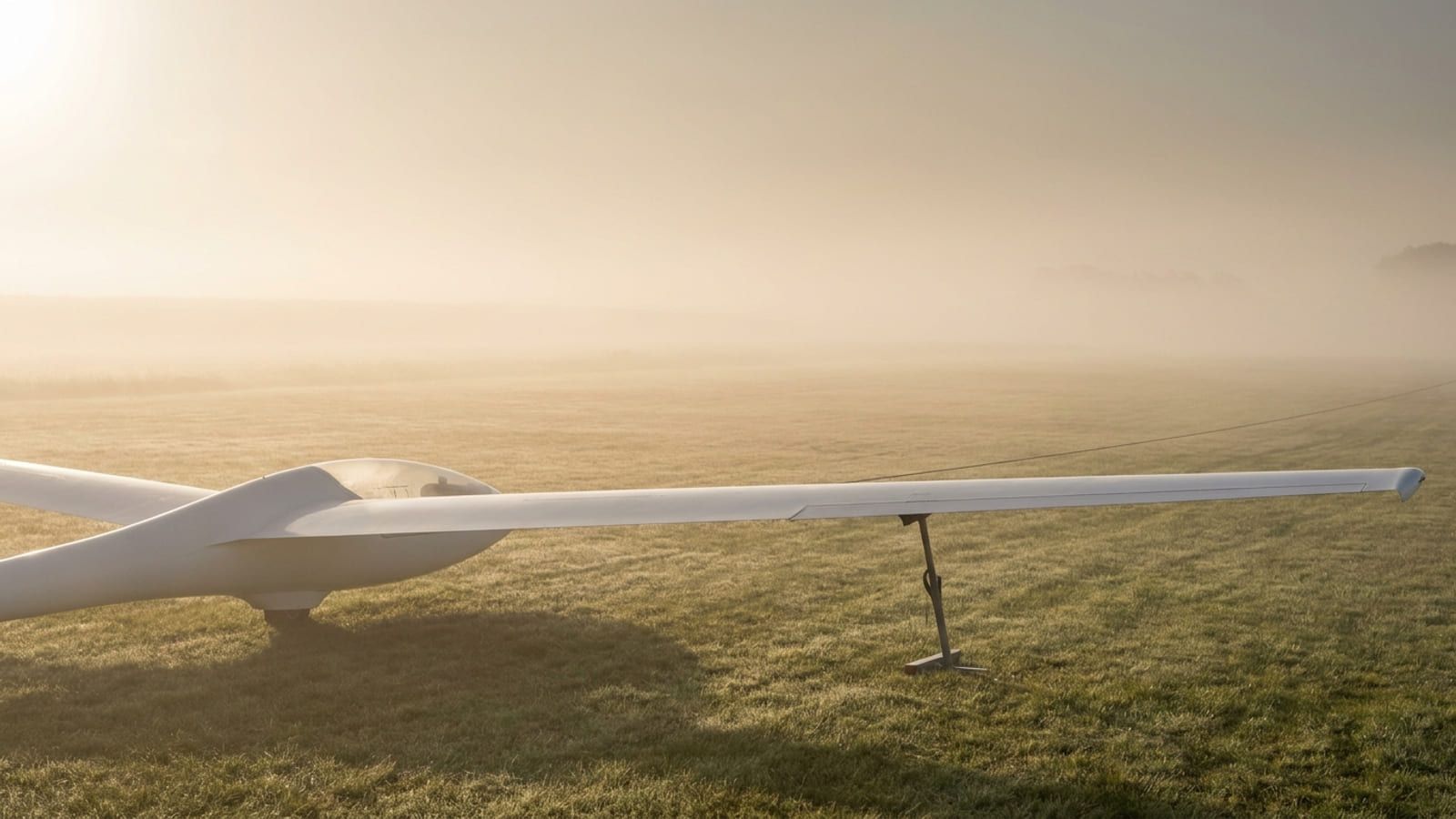 Segelflugzeug auf der Startbahn eines Graspflugplatzes mit gespanntem Windenseil