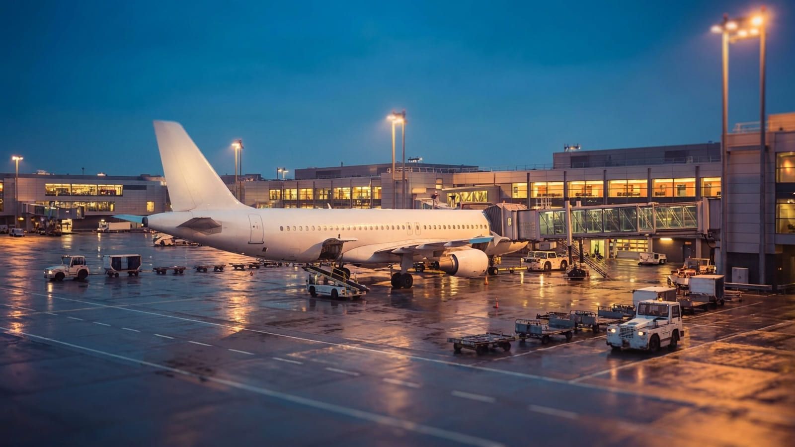 Vorfeld eines Flughafens in der Dämmerung mit Flugzeug an der Position