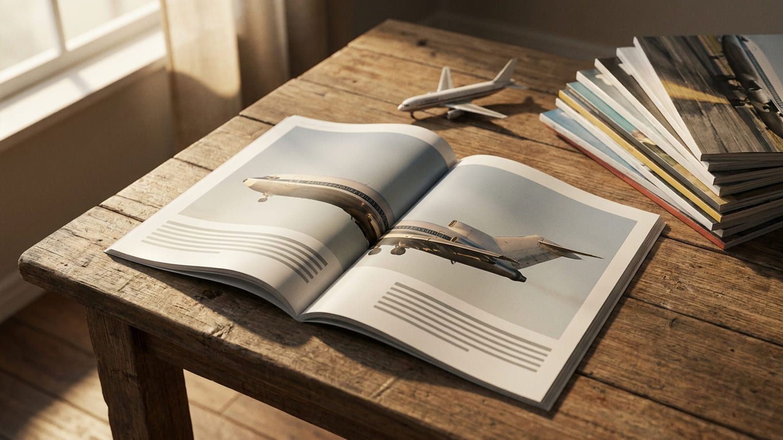 Aufgeschlagene Luftfahrtzeitschrift neben einem Flugzeugmodell auf einem Holztisch