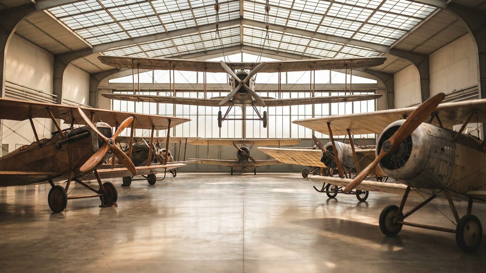 Museumshalle mit historischen Flugzeugen, teils unter der Decke aufgehängt