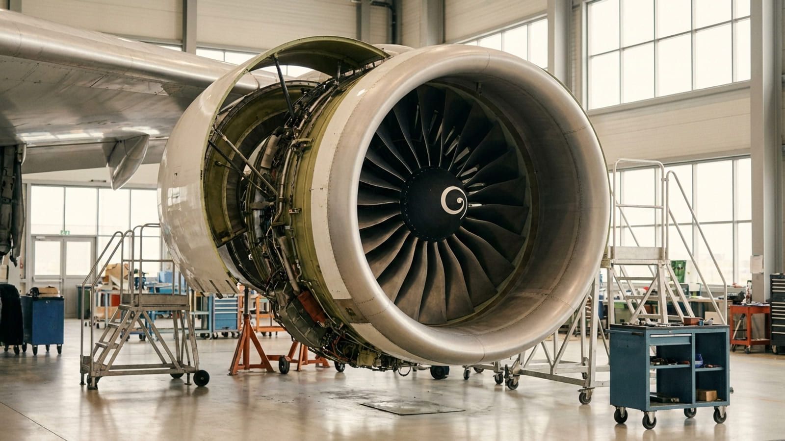 Zerlegtes Flugtriebwerk mit sichtbaren Fanschaufeln in einer Werkstatt