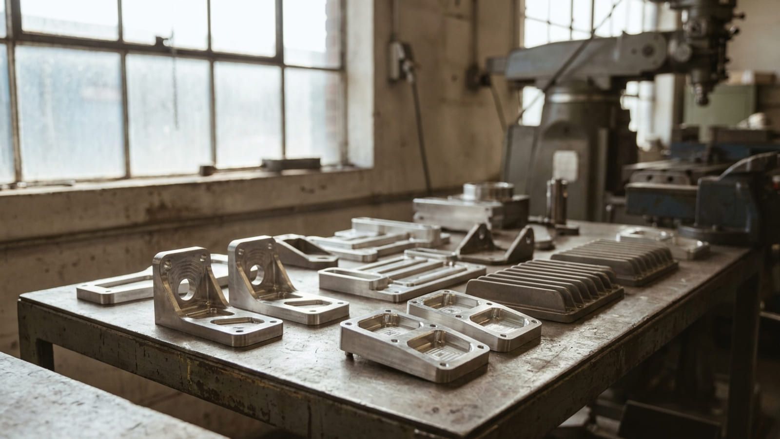 Gefräste Aluminium- und Titanbauteile für die Luftfahrt auf einem Werkstatttisch